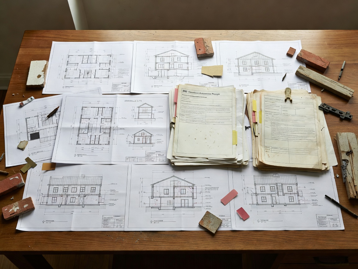 Architectural plans and condition assessment documentation on a desk