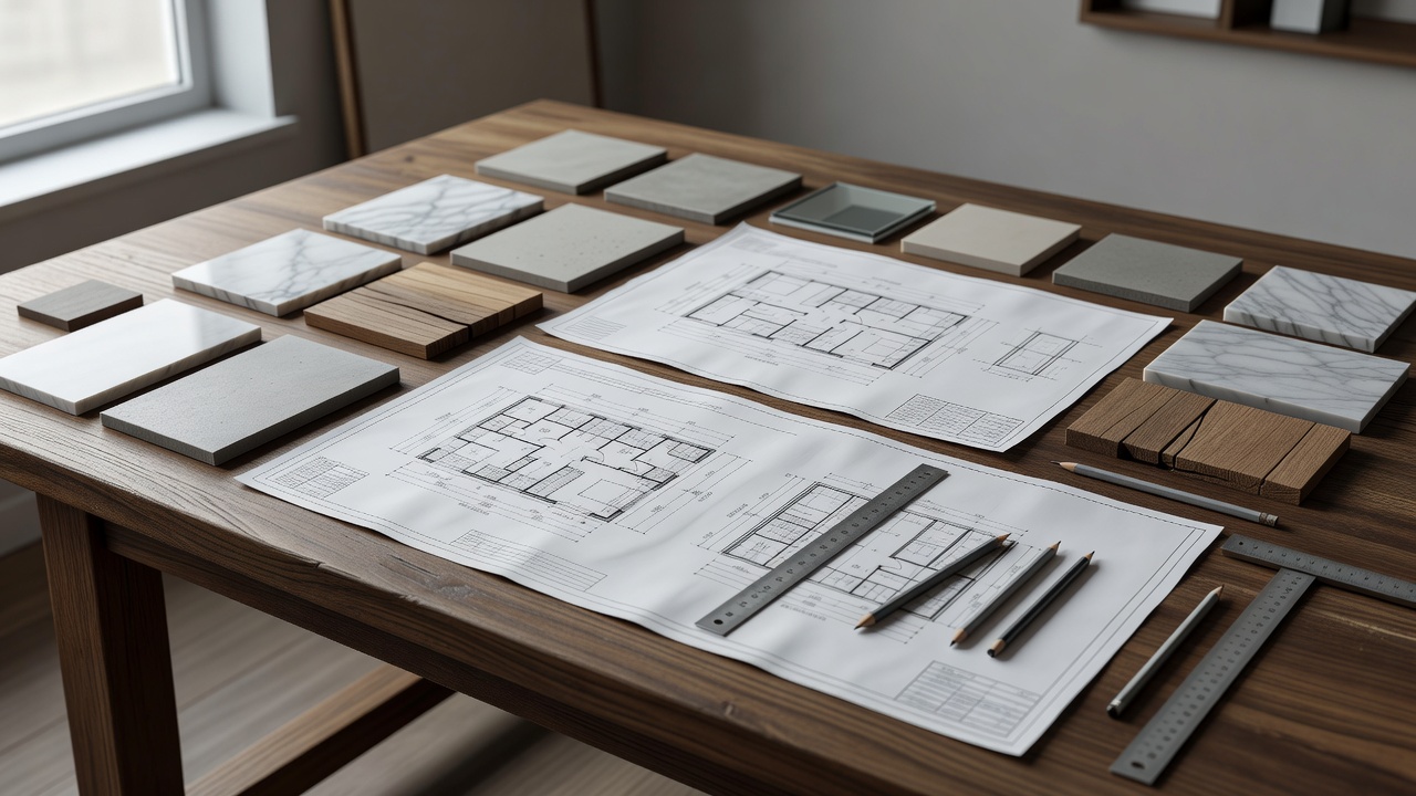 Architectural plans, scale drawings and material samples laid out on a table
