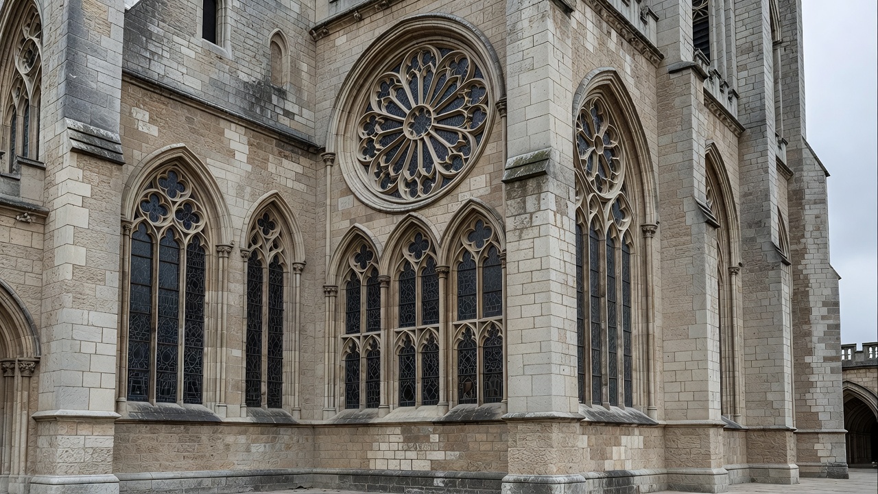 Detailed view of historic church architecture with limestone walls and intricate windows