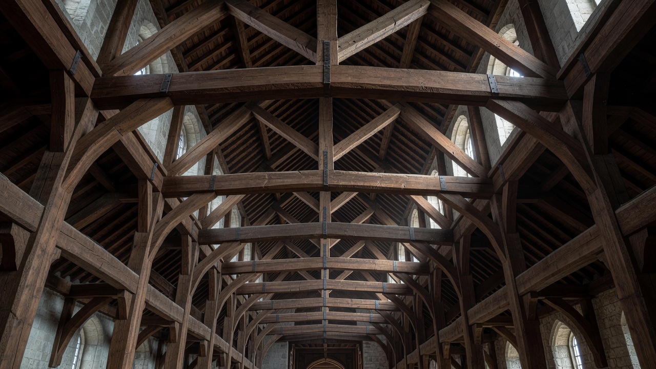 Exposed wooden roof trusses and historic timber beams spanning a wide church nave