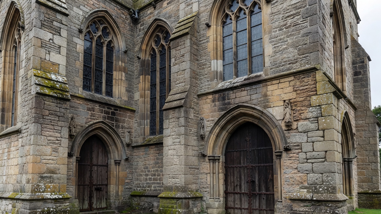 External walls of a historic church showing windows, doors and general building fabric