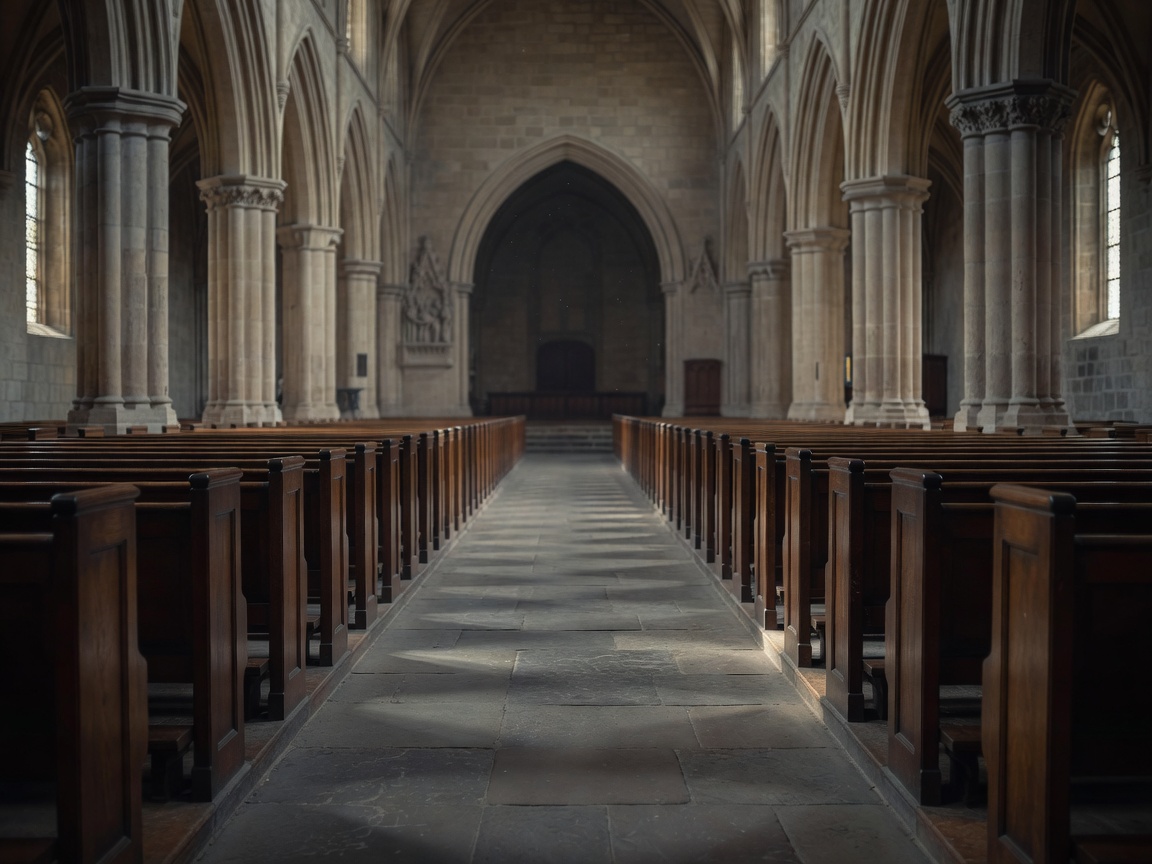 Quiet church interior showing pews, stone floors, and architectural details