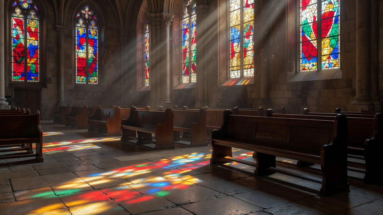 Sunlight streaming through stained glass onto historic stone floor tiles and wooden pews